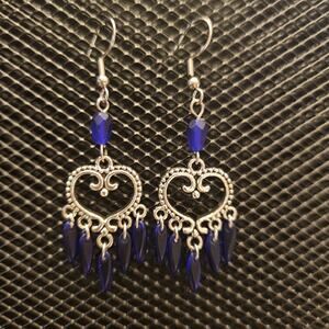 Antique silver heart and matte cobalt blue chandelier earrings